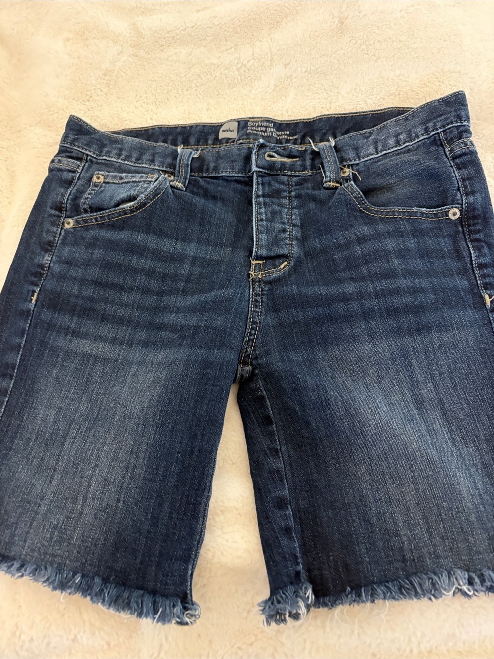 Women's Dark Blue Denim Jean Shorts with Frayed Hem